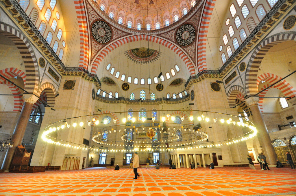 Photograph I captured inside Süleymaniye Mosque, showing the central dome and a visitor to illustrate its monumental proportions.