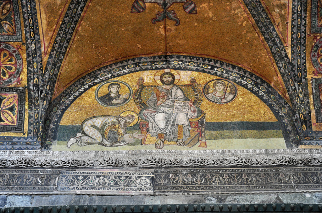 The Leo VI Mosaic above the Imperial Gate on the ground floor of Hagia Sophia, depicting the emperor kneeling before Christ in a powerful image of submission and imperial humility.