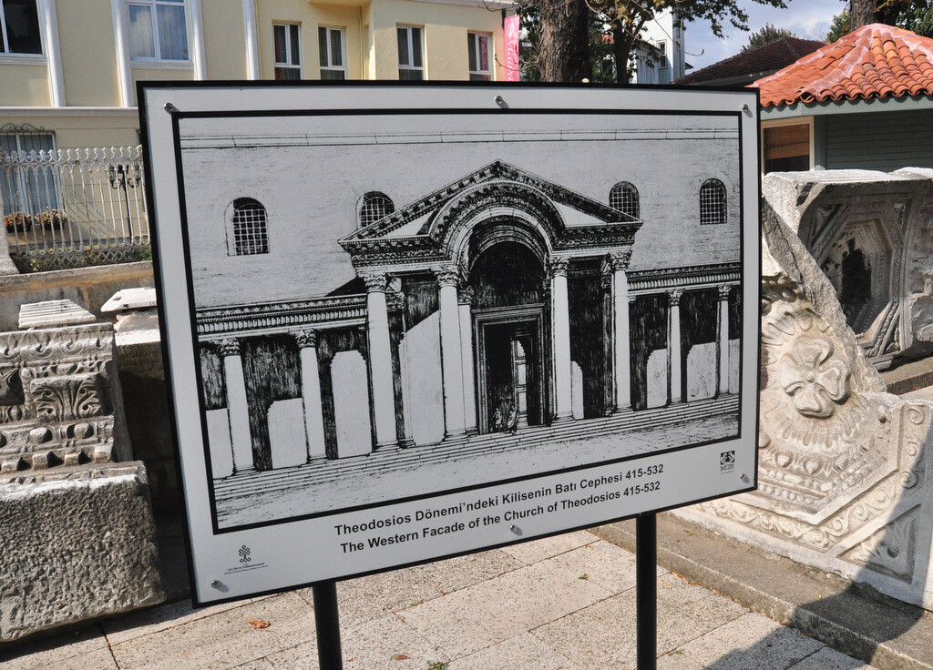 Courtyard panel showing an academic reconstruction of the Theodosian Hagia Sophia destroyed in the Nika Revolt, capturing the earlier phase of the site — photo by Serhat Engul